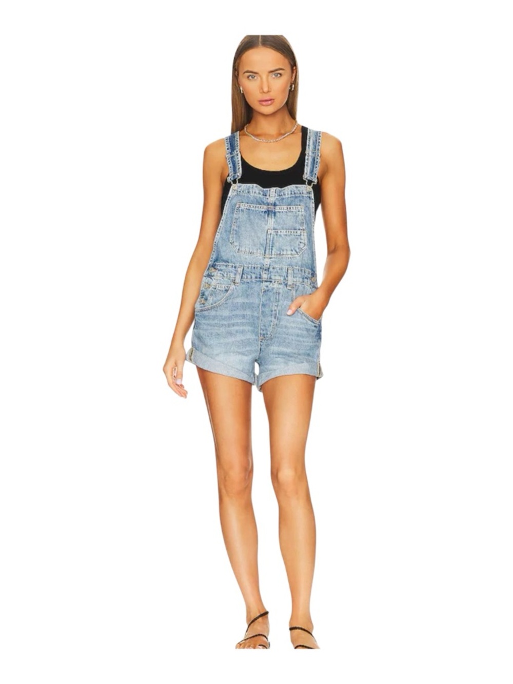 We The Free Light Blue Denim Jean Short Overalls